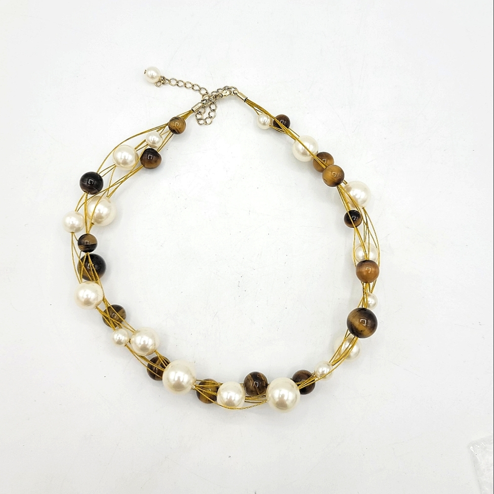 Beaded Gold Wire Tiger eye & Faux Pearl Multi Strand
